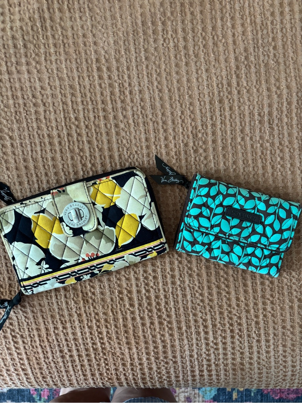 Vera Bradley Yellow Floral Quilted Zip Wallet & Teal Leaf Card Wallet Duo